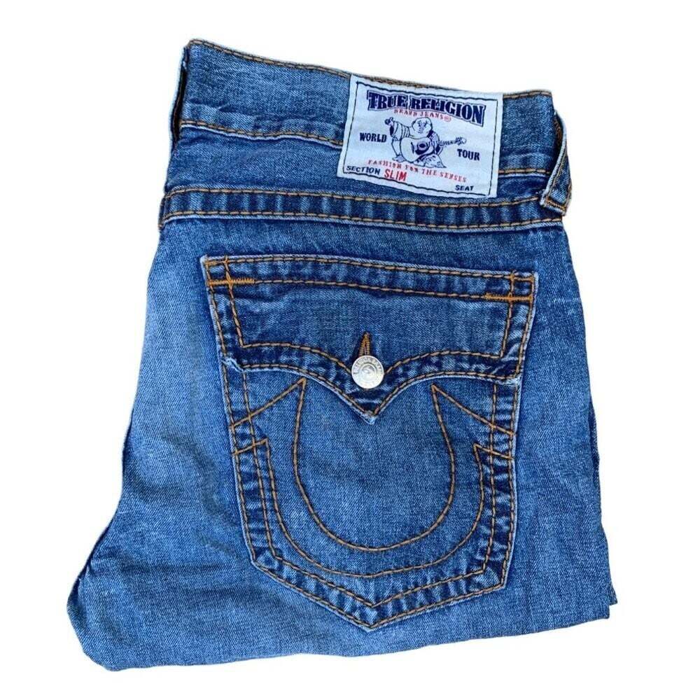 VINTAGE True Religion Jean Shorts Size 34 Orange Stitch SLIM Blue